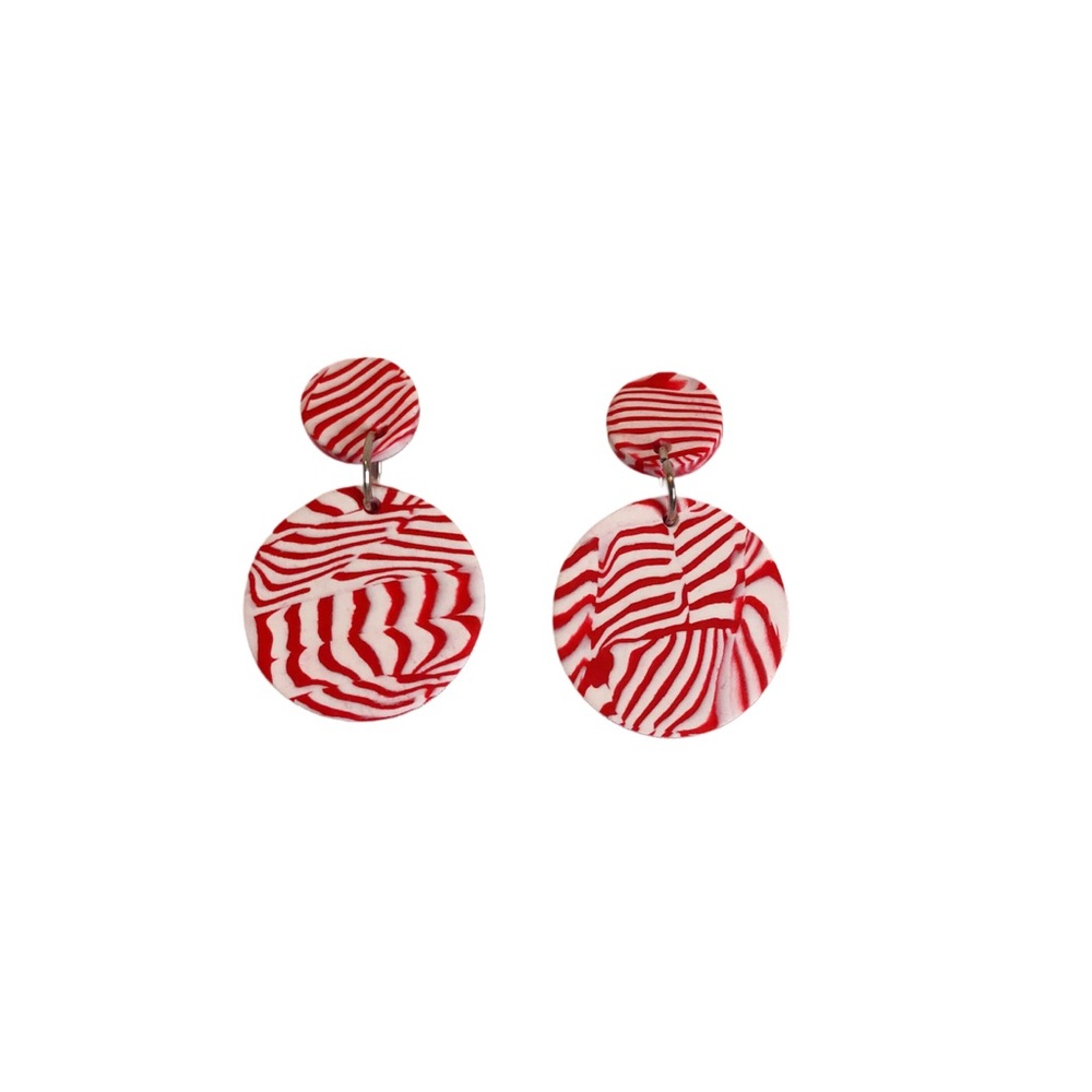 Crazy stripes red and white clay earrings